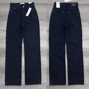 Zara Women Size 2 Black Distressed Straight Leg Super High Rise NEW Denim Jeans